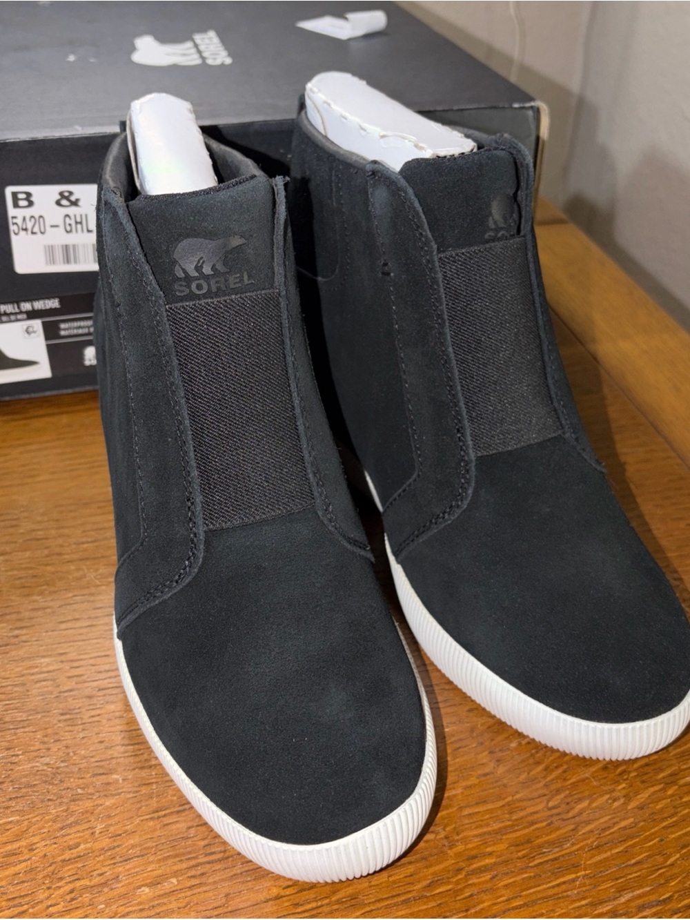 Sorel Black Suede Slip-On Wedge Ankle Booties with White Sole